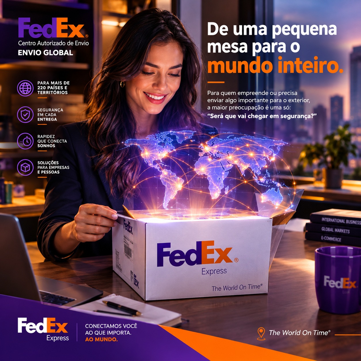 De uma pequena mesa para o mundo inteiro. Mulher abre uma caixa FedEx com um mapa do mundo iluminado: conectamos você ao que importa, ao mundo.